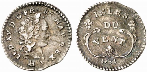 Подветренные острова (Windward, Vent) 6 солей 1731 H, Людовик XV (1715-1774) серебро 00-000-00