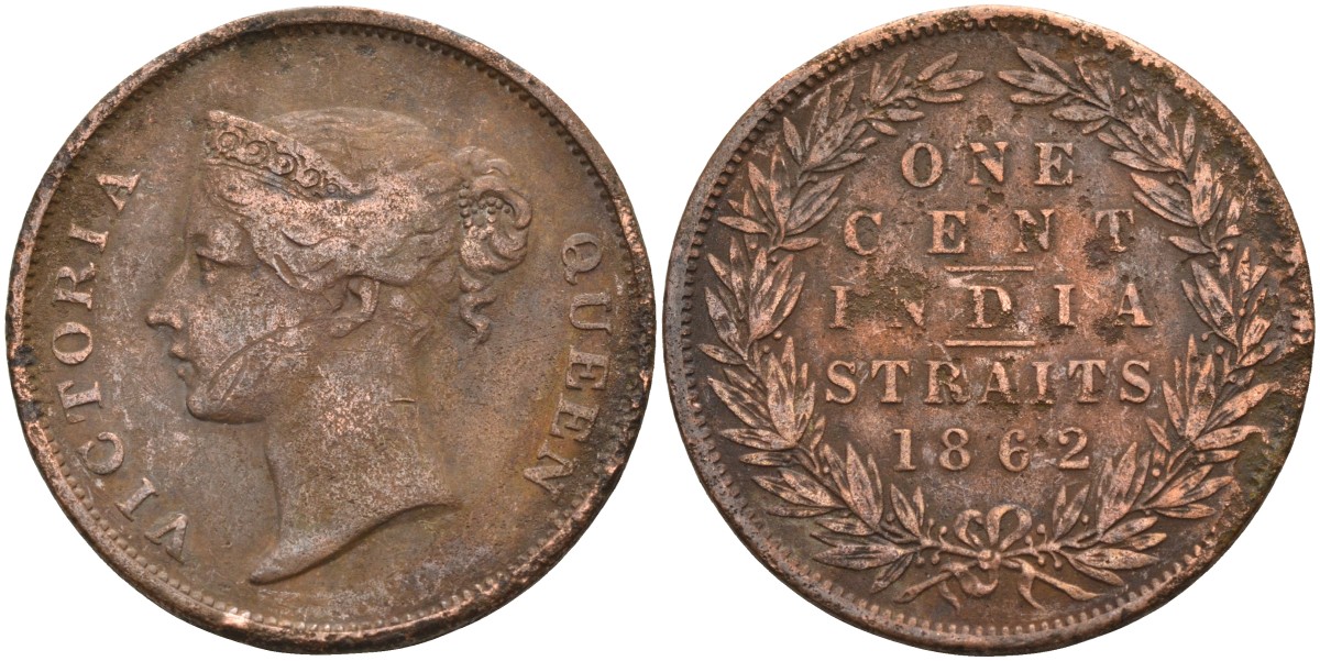 Стрейтс-Сетлментс 1 цент 1862 Виктория (1837-1901), Ост-Индская компания KM 6 медь 4590-235