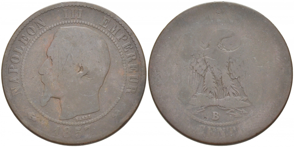 ФРАНЦИЯ 10 САНТИМОВ 1857 В, НАПОЛЕОН III (1852-1870) KM 771.2, LA FRANC 133.40 бронза 4517-916