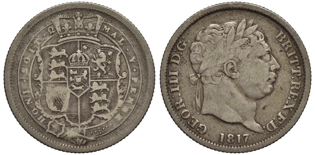 Великобритания 1 шиллинг 1817 Георг III (1760-1820) KM 666, Spink 3790 серебро 1523-822