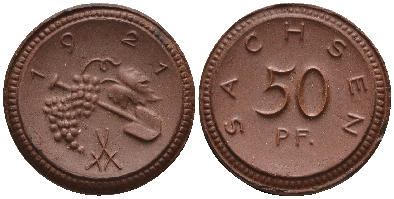 Саксония 50 пфеннигов 1921 виноград и лопата J. N 54 фарфор UNC 1094-8-35