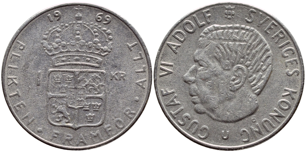 Швеция 1 крона 1969 Густав VI Адольф (1950-1973) KM 826a медь плакированная медно-никелем 4388-555