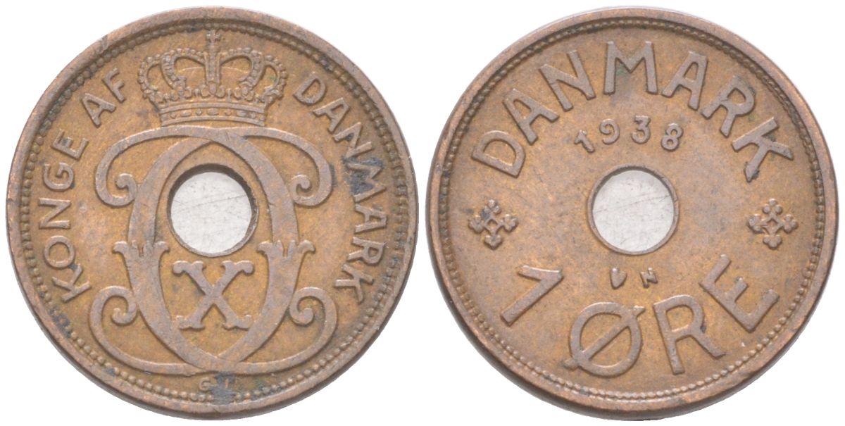 Дания 1 эре 1938 Кристиан X (1912-1947) KM 826 бронза 4621-749