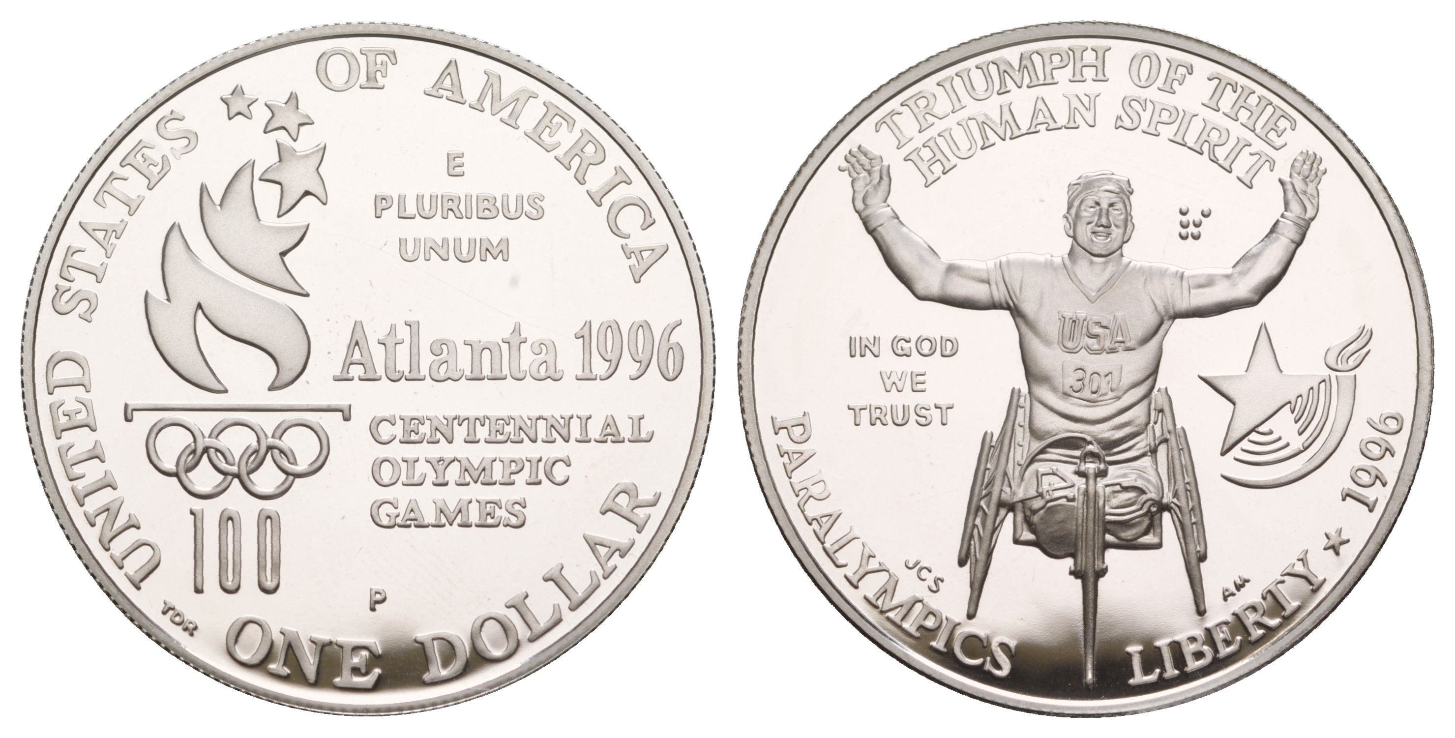 США 1 доллар 1996 P, X летние Паралимпийские игры, Атланта 1996 - Гонки на колясках KM 268 серебро PROOF 11-262-13