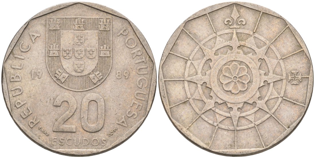Португалия 20 эскудо 1989 KM 634 медно-никель 4572-1113