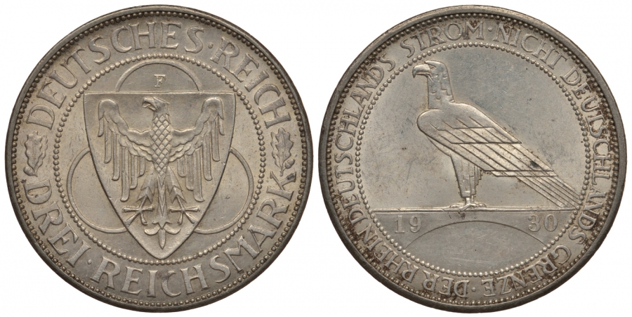 Германия 3 марки 1930 F, освобождение Рейнлянда J. 345, KM 70 серебро UNC 00-814-72