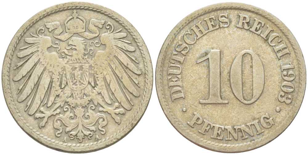 ГЕРМАНИЯ 10 ПФЕННИГОВ 1903 A KM 12, J. 13, Weege 8 медно-никель 261-1252