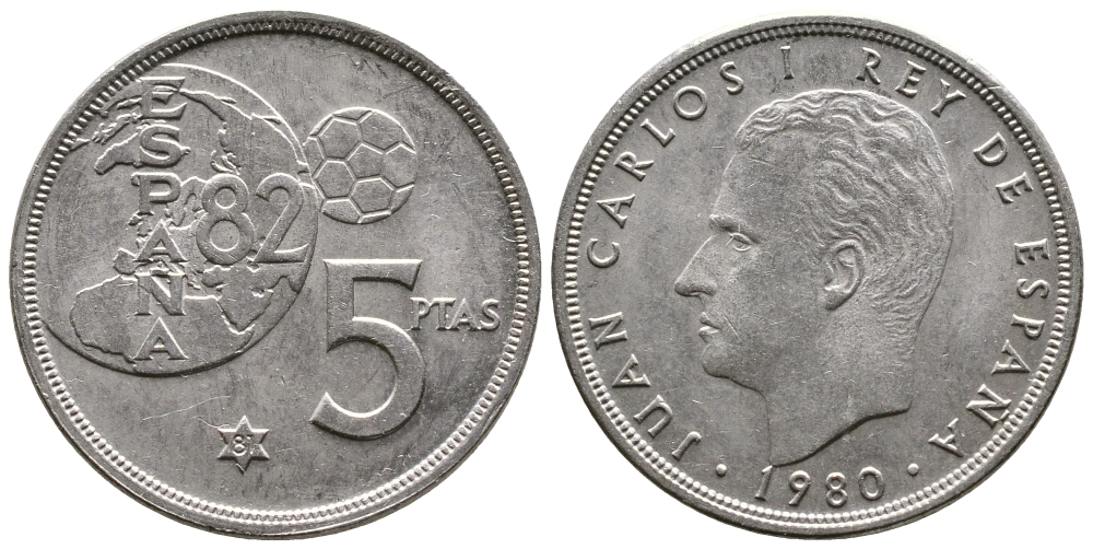 Испания 5 песет 1981 1982 ГОД, Хуан Карлос, чемпионат мира по футболу Испания 82 KM 817 медно-никель 4110-1531