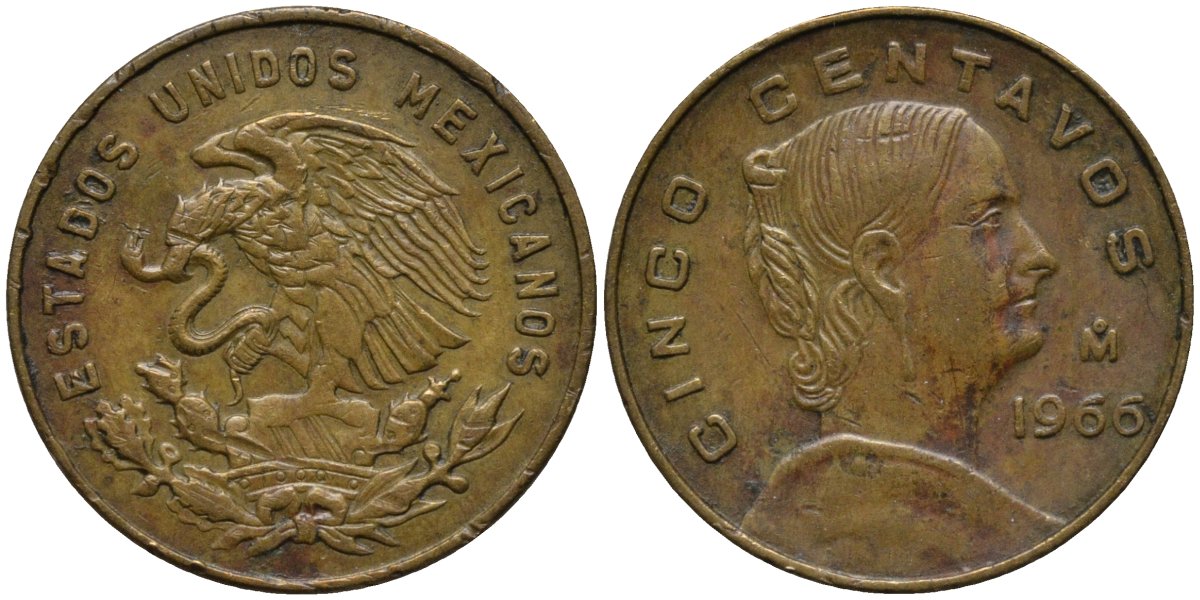 Мексика 5 сентаво 1966 Мо, Жозефа Ортис де Домингес KM 426 латунь 4576-1214