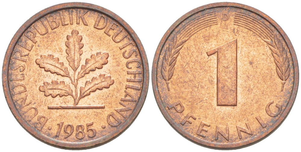 ФРГ 1 ПФЕННИГ 1985 D KM 105, J. 380 сталь плакированная медью 4181-659