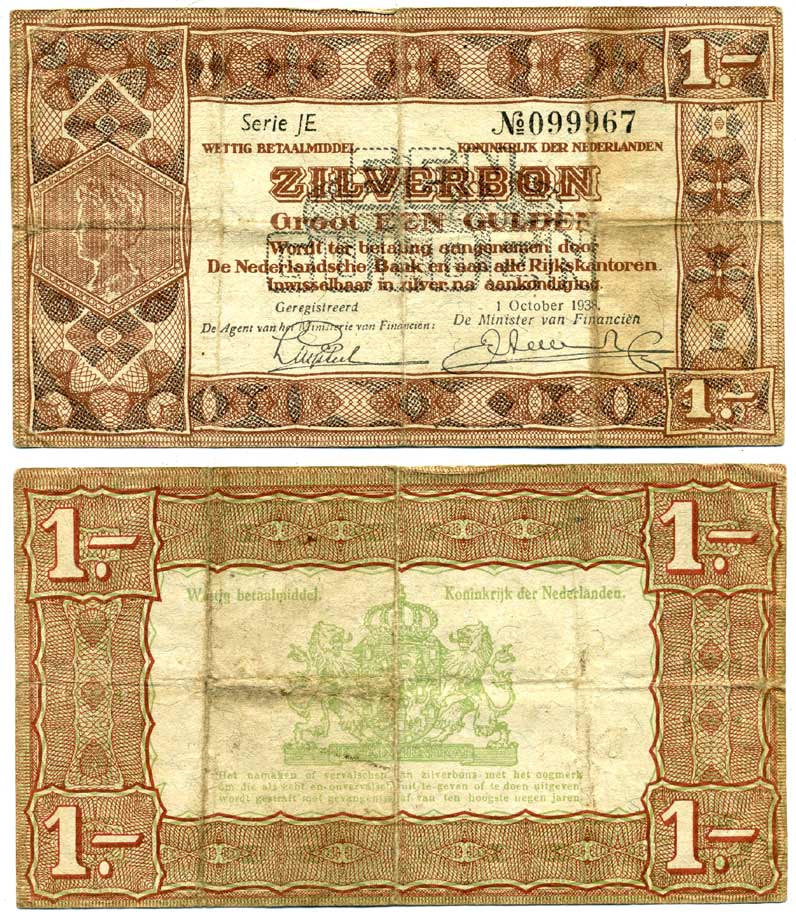 Нидерланды 1 гульден 1938 серебряный ваучер, в серии 2 буквы, 6 цифр Pick 61, Akkermans 4.1 b  бумага 6287-4-3