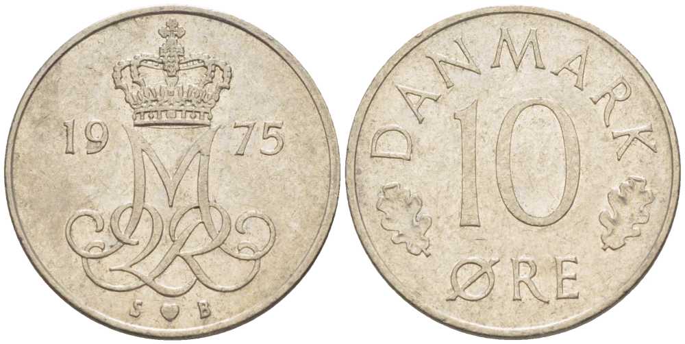 ДАНИЯ 10 ЭРЕ 1975 S; B, МАРГРЕТЕ II (1972-) KM 860.1 медно-никель 4387-1214