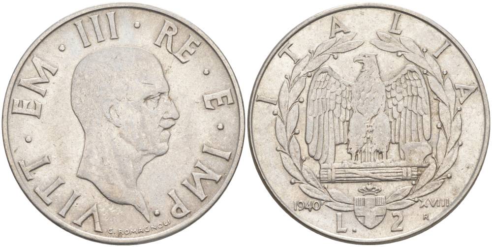 ИТАЛИЯ 2 ЛИРЫ 1940 R, ГОД XVIII, ВИКТОР ЭММАНУИЛ III (1900-1946) KM 78а, VEM3. 1155 a) нержавеющая сталь 3855-316