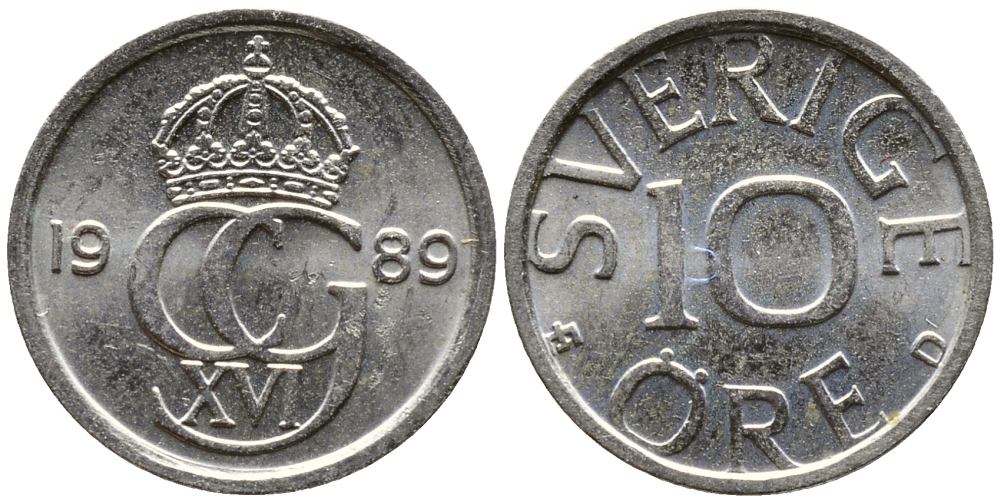 Швеция 10 эре 1989 D, Карл XVI Густав (1973- ) KM 850 медно-никель 26-455