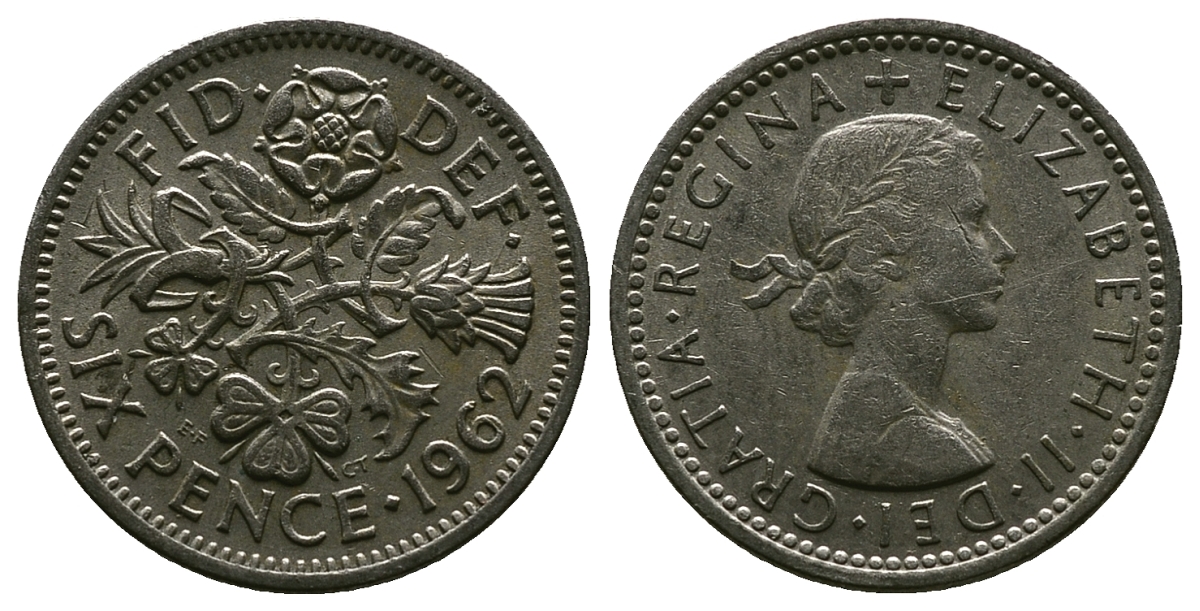 Великобритания 6 пенсов 1962 Елизавета II (1952-2022) KM 903, Spink 4149 медно-никель 4381-741