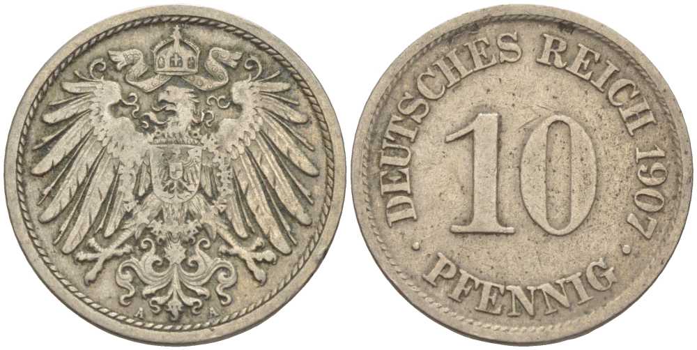 Германия 10 пфеннигов 1907 A KM 12, J. 13 медно-никель 31-113