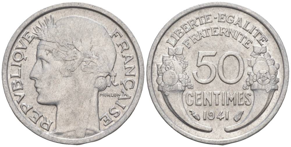 ФРАНЦИЯ 50 САНТИМОВ 1941 ТИП MORLON LOURDE KM 894.1a, LE FRANC 193.2 алюминий 44-245