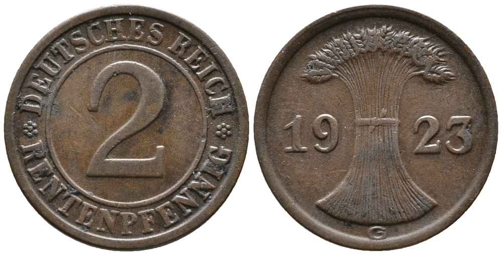 ГЕРМАНИЯ 2 РЕНТЕНПФЕННИГА 1923 G KM 31, J. 307 бронза 24-431
