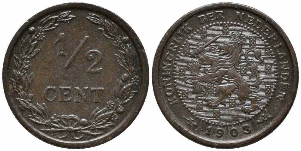 НИДЕРЛАНДЫ 1/2 ЦЕНТА 1903 ВИЛЬГЕЛЬМИНА (1890-1948) KM 133 бронза 112-165