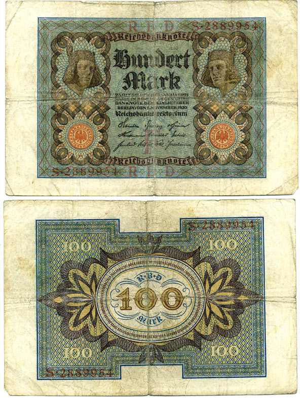 Германия 100 марок 1920 Бамбергский всадник, 7 цифр в номере Pick 69 a, Розенберг 67а  бумага 3295-115-3-2