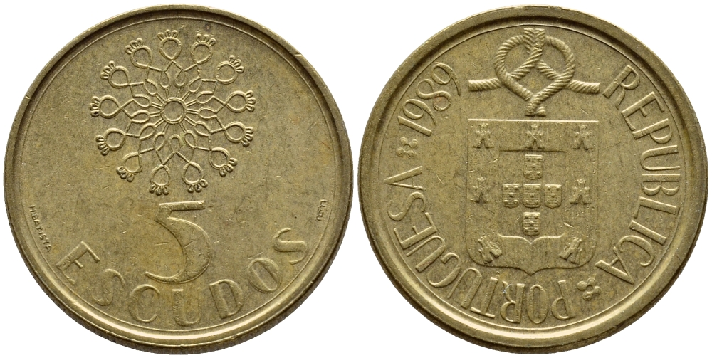 ПОРТУГАЛИЯ 5 ЭСКУДО 1989 KM 632 никель латунь 4395-927