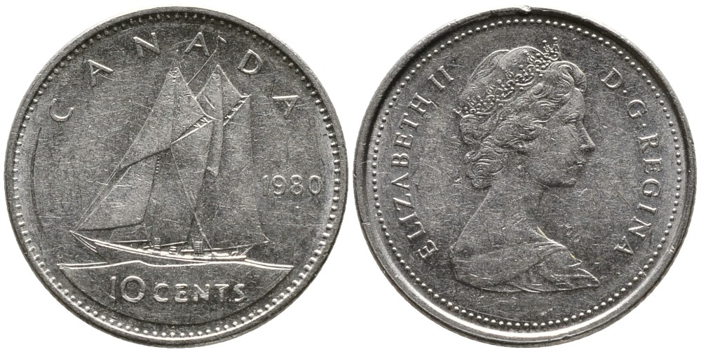 Канада 10 центов 1980 Елизавета II (1952-), парусник KM 77.2 никель 4532-825