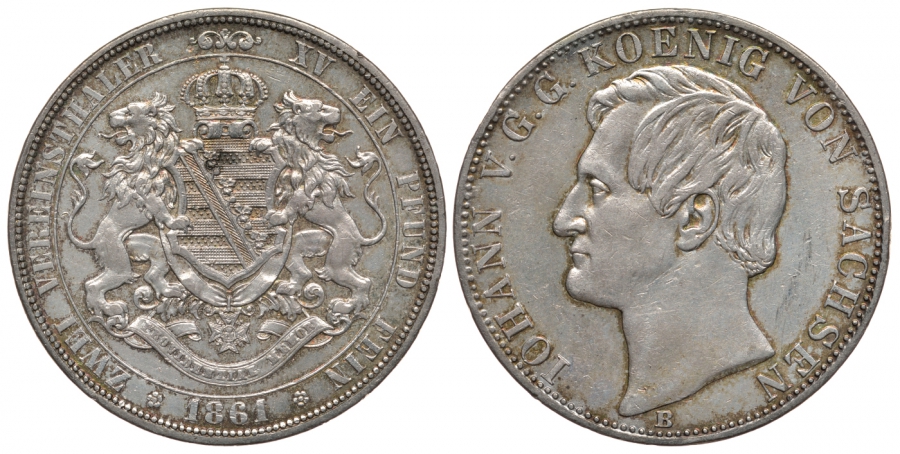 Саксония 2 талера 1861 Иоганн (король Саксонии) (1854-1873) КМ 1215, AKS 127 серебро 00-816-24