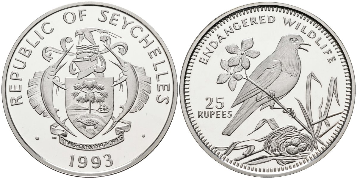 Сейшельские острова 25 рупий 1993 серия защита окружающей среды, сокол Kestrel, тираж 20000 экз. KM 78 серебро PROOF 1095-10-44
