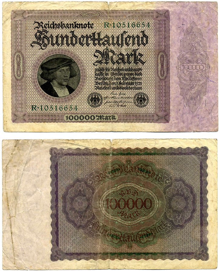 Германия 100000 марок 1923 1 февраля 1923, выпуск (март 1923-5 июля 1925), номер восьмизначный, серия R 10516654 Pick 83, Роземберг 82а бумага 8592-27-1-1