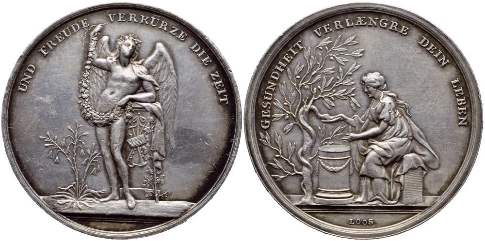 ГЕРМАНИЯ МЕДАЛЬ 1800 СЕМИНАР ЛООС, БОГИНЯ ЗДОРОВЬЯ И ДРЕВЕСНАЯ ЗМЕЯ, ГЕИЙ, АНГЕЛ РАДОСТИ ОКОЛО ПЬЕДЕСТАЛА, ДИАМЕТР 36,48 ММ., ВЕС 13,71 ГР. серебро 02-251-21