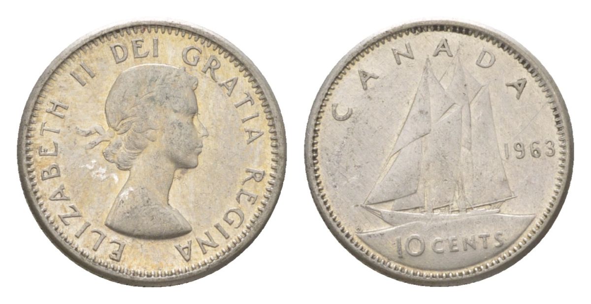 Канада 10 центов 1963 Елизавета II (1952-2022), парусник KM 51 серебро 4623-933