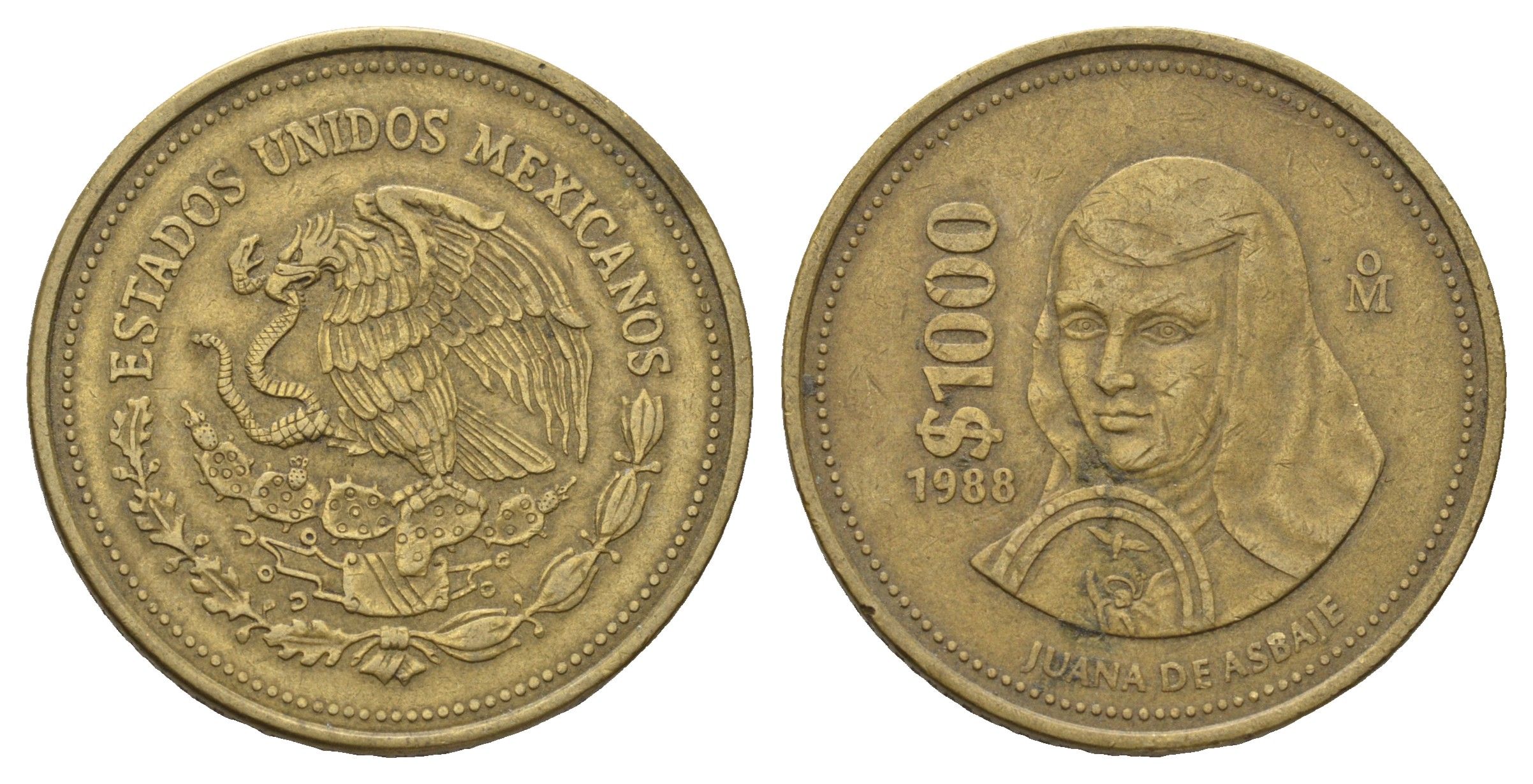 Мексика 1000 песо 1988 Мо, Хуана де Асбахе KM 536 алюминиевая бронза 4692-622