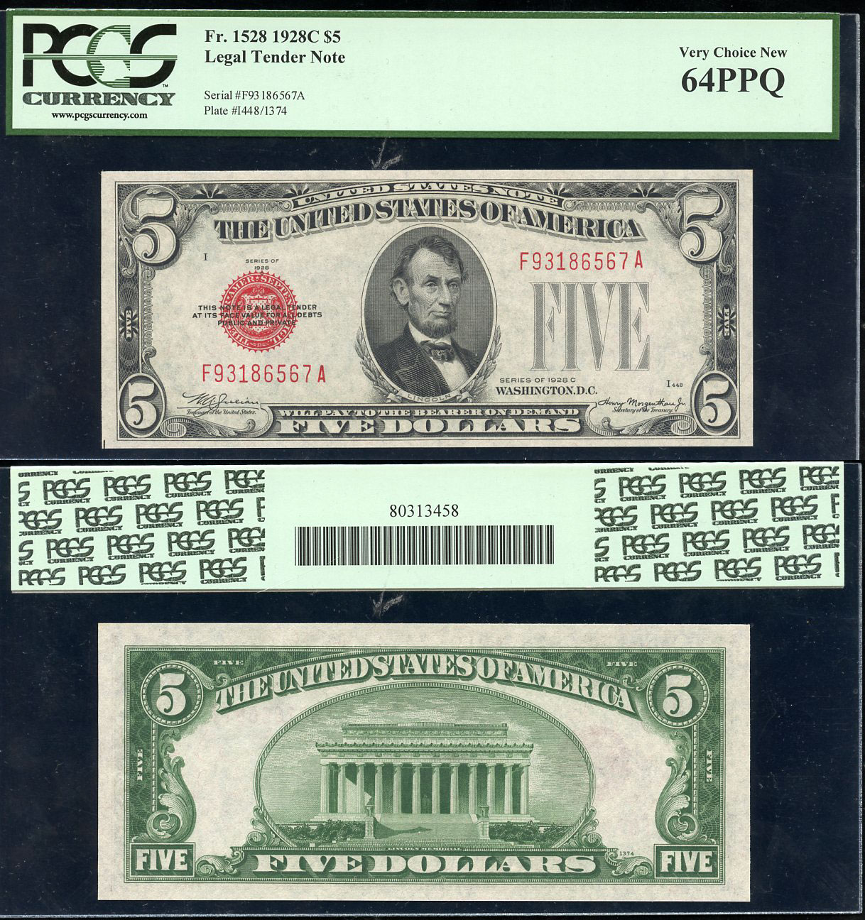 США 5 долларов 1928 серия 1928C, в слабе PCGS 64 PPQ Very Choice New, красный номер Pick 379 с, Fr. 1528  бумага  UNC (пресс) 452-3-30