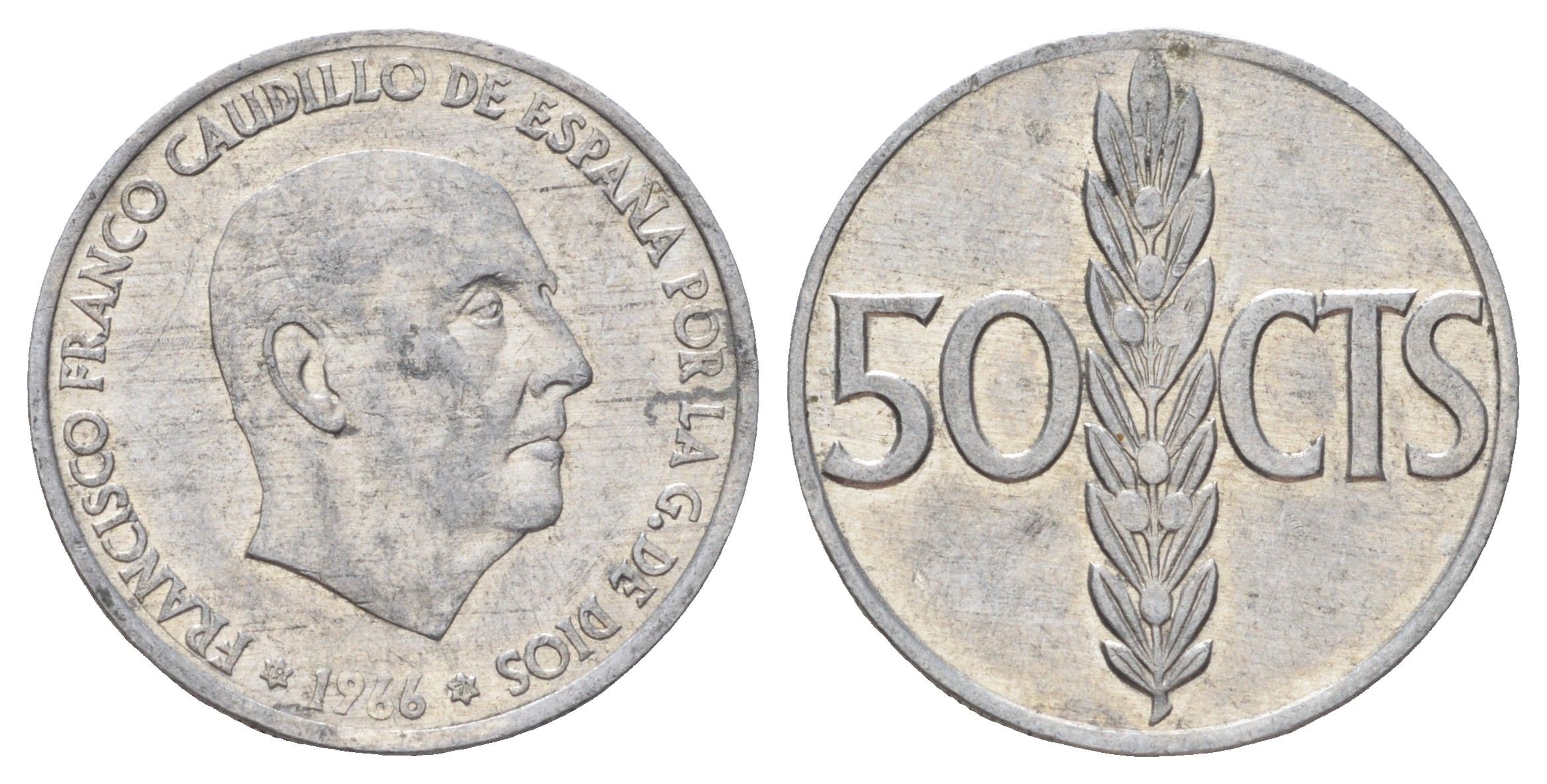 Испания 50 сентимо 1966 (71) Франсиско Франко (1939-1975) KM 795 алюминий 4682-121