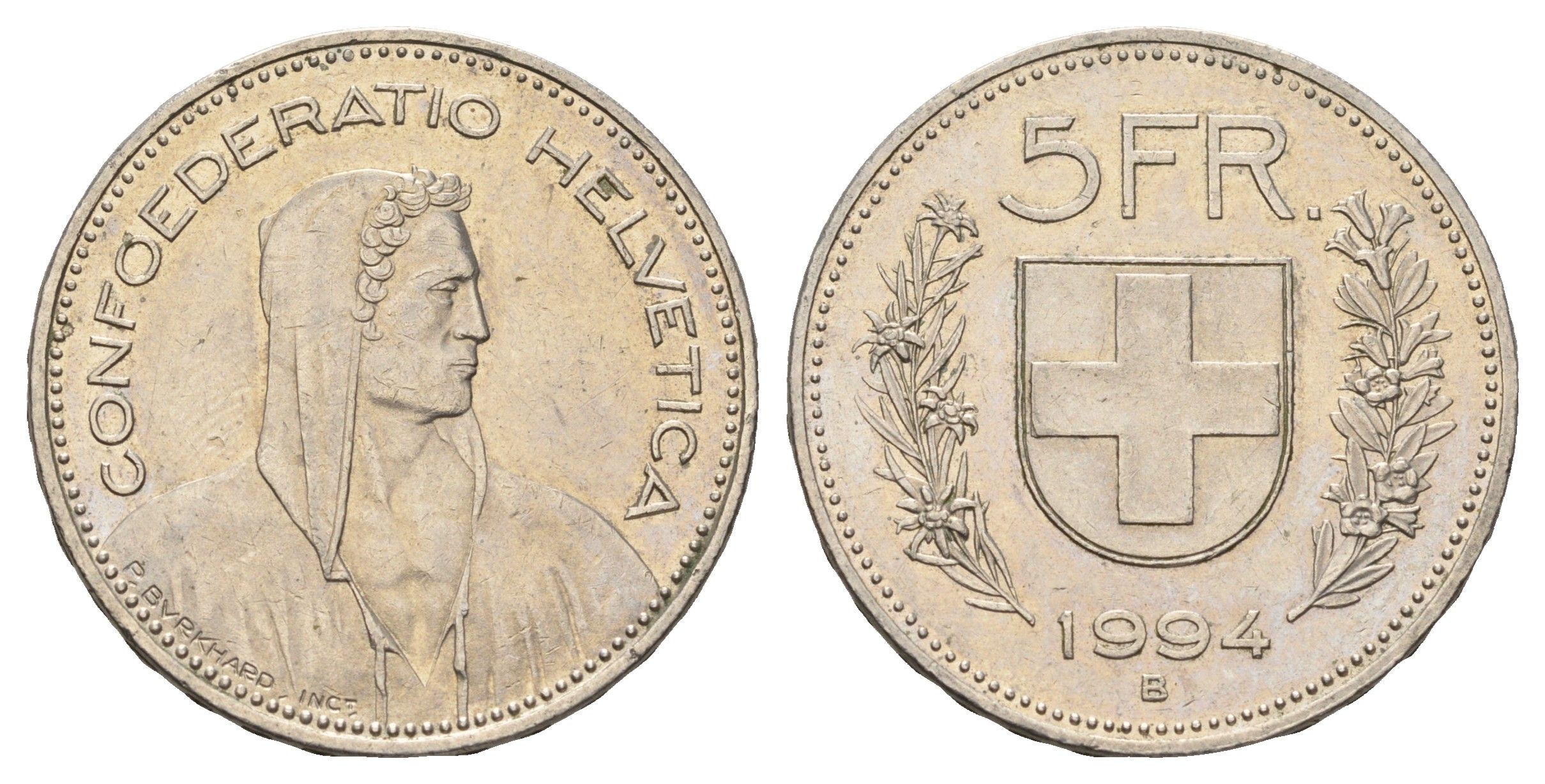 Швейцария 5 франков 1994 B KM 40a.4 медно-никель 4536-1121