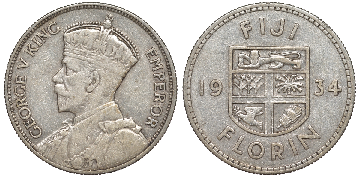 Фиджи 1 флорин 1934 Георг V (1910-1936), герб Фиджи KM 5 серебро 91-1215