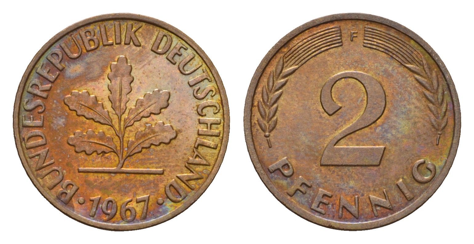 ФРГ 2 пфеннига 1967 F KM 106, J. 381 бронза 3458-714