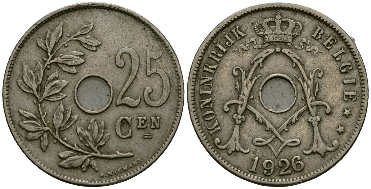 Бельгия 25 сантимов 1926 Belgie KM 69 медно-никель 4165-912