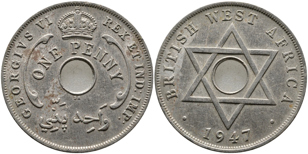 Британская Западная Африка 1 пенни 1947 Георг VI (1937-1952) KM 19 медно-никель 1523-514