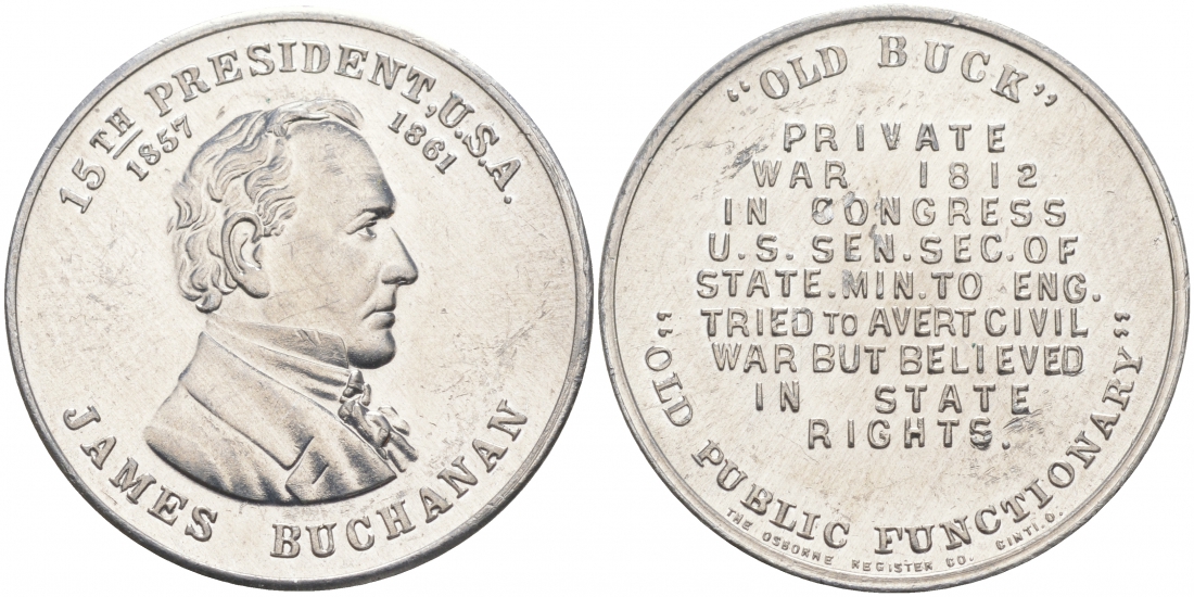 США МЕДАЛЬ ND 15-ЫЙ ПРЕЗИДЕНТ ДЖЕЙМС БЬЮКЕНЕН 28 мм алюминий 73-412