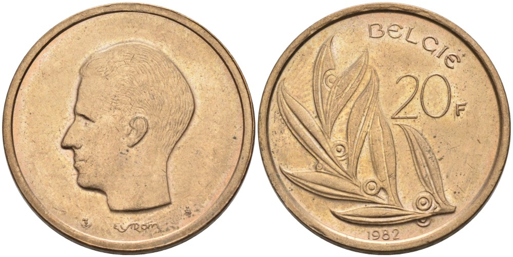 Бельгия 20 франков 1982 Belgie KM 160 никель бронза UNC 189-944