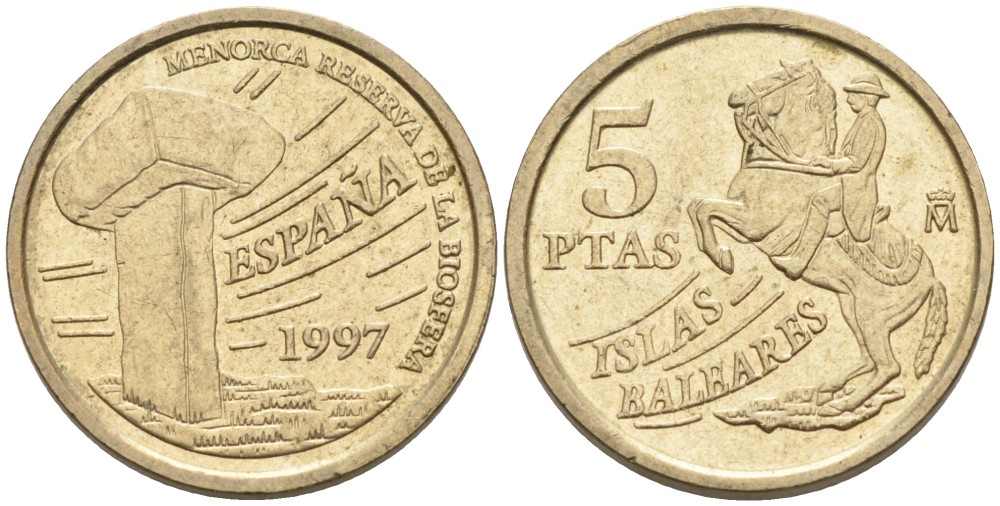 Испания 5 песет 1997 Хуан Карлос I (1975-2014), Балеарские острова, всадник KM 981 алюминиевая бронза 71-637