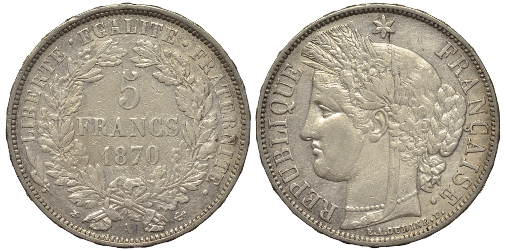 Франция 5 франков 1870 A, свобода KM 756.1 серебро 00-821-68