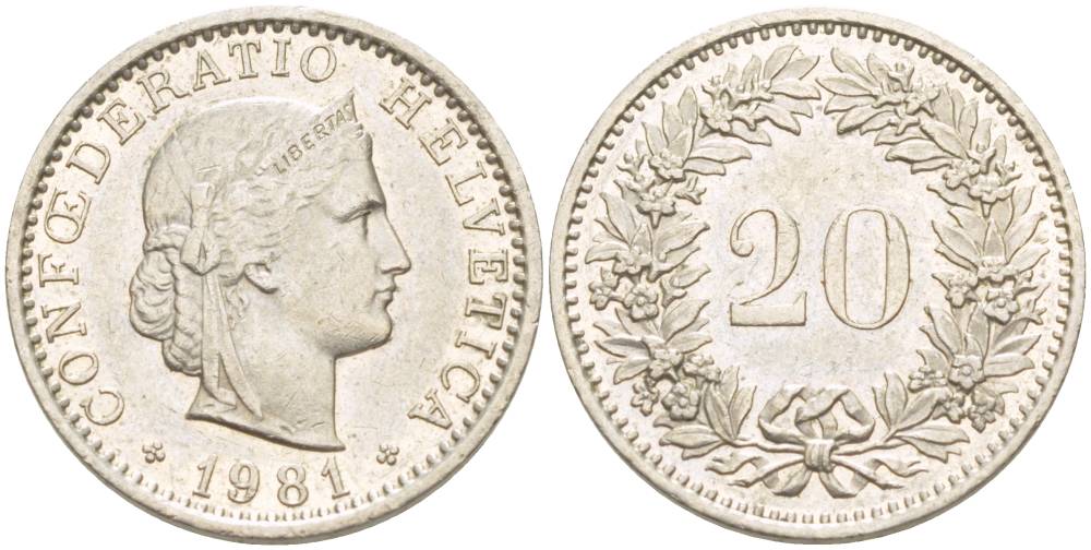Швейцария 20 раппенов 1981 KM 29а медно-никель 4544-327