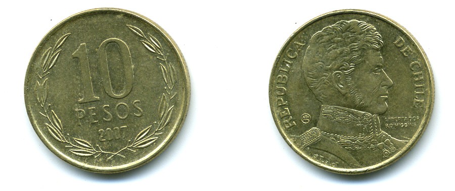 ЧИЛИ 10 ПЕСО 2007 ГЕНЕРАЛ БЕРНАРДО О ХИГГИНС KM 228.2 никель-бронза 37-264