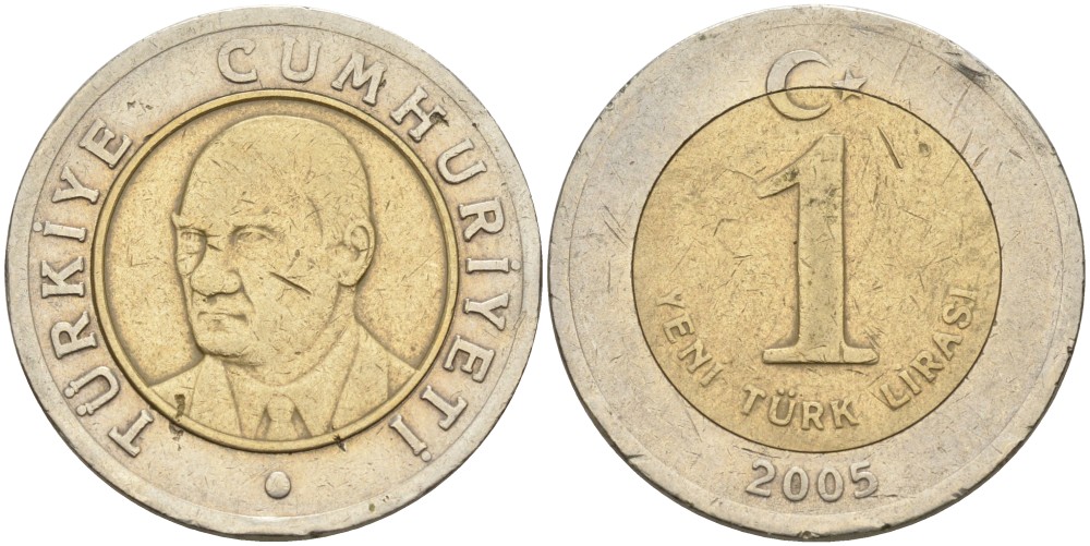 Турция 1 новая лира 2005 Кемаль Ататюрк KM 1169 биметалл 4561-144