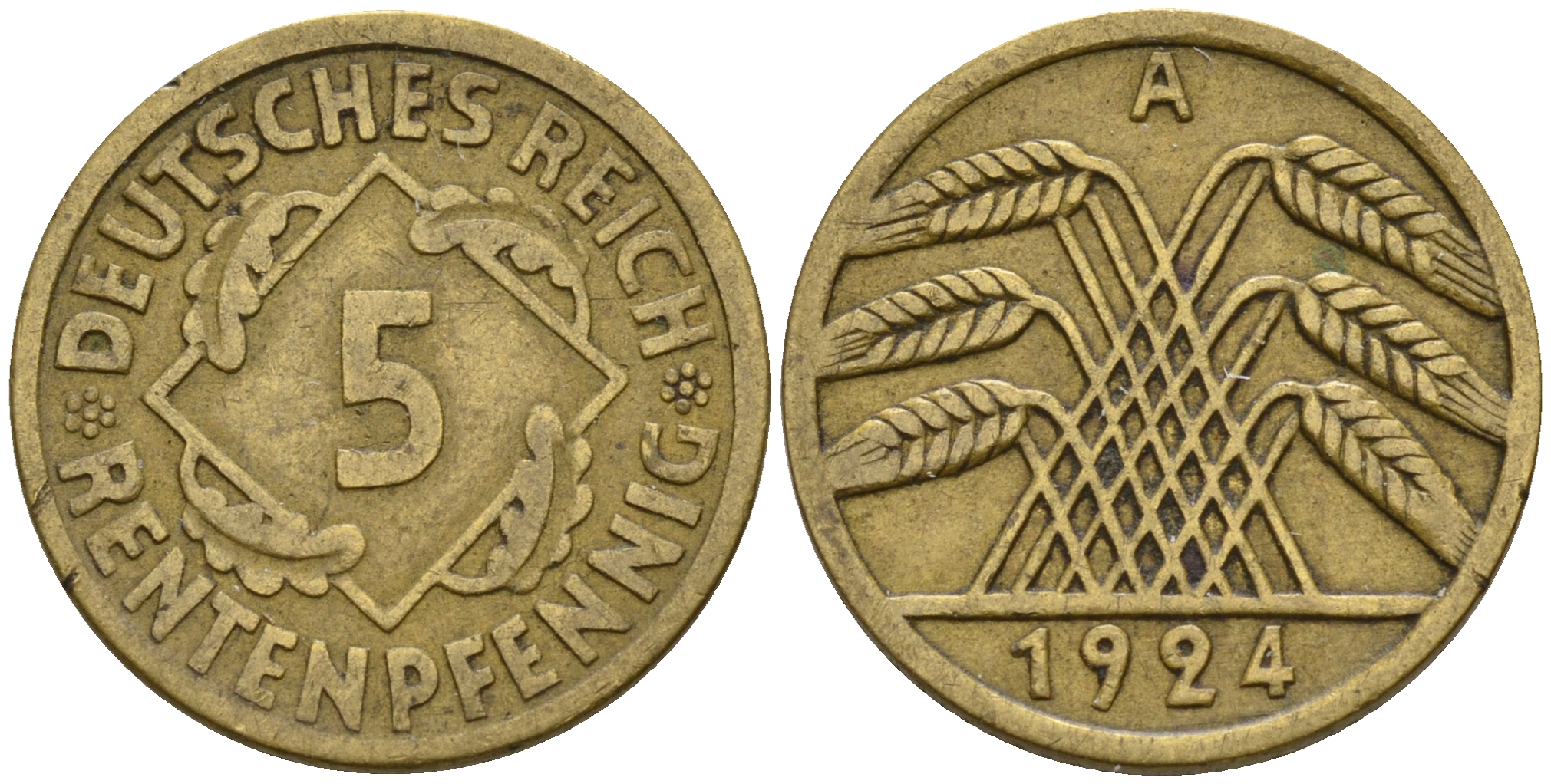 Германия 5 рентенпфеннигов 1924 А KM 39 J. 308 алюминиевая бронза    4152-1149
