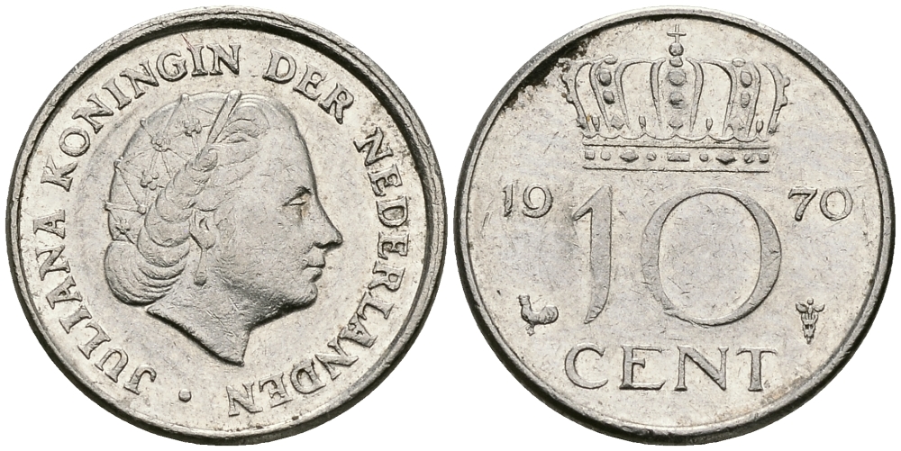 Нидерланды 10 центов 1970 Юлиана (1948-1980) KM 182 никель 96-442