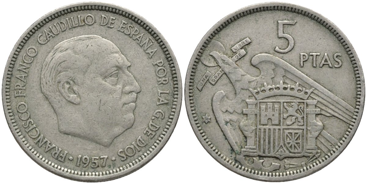 Испания 5 песет 1957 (58) Франсиско Франко (1939-1975) KM 786 медно-никель 4171-515