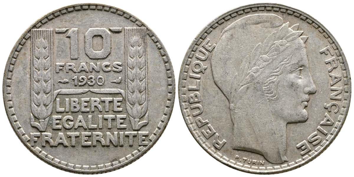 Франция 10 франков 1930 Пьер Тюрен KM 878, Le Franc 360.3 серебро 79-545